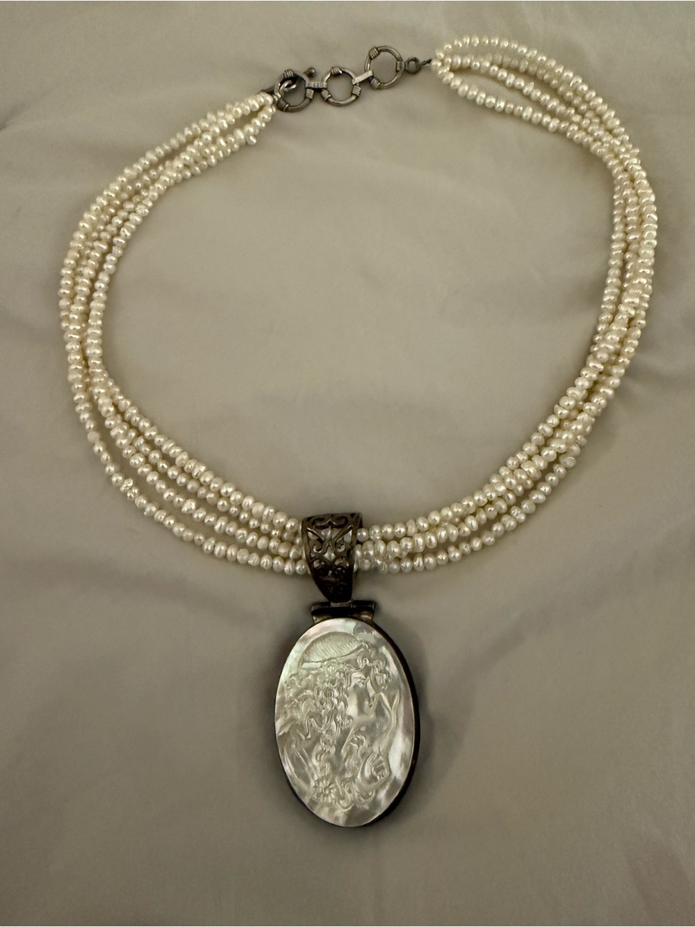 Vintage Sterling, 4-Strand Freshwater Pearl Necklace with Carved Cameo Pendant